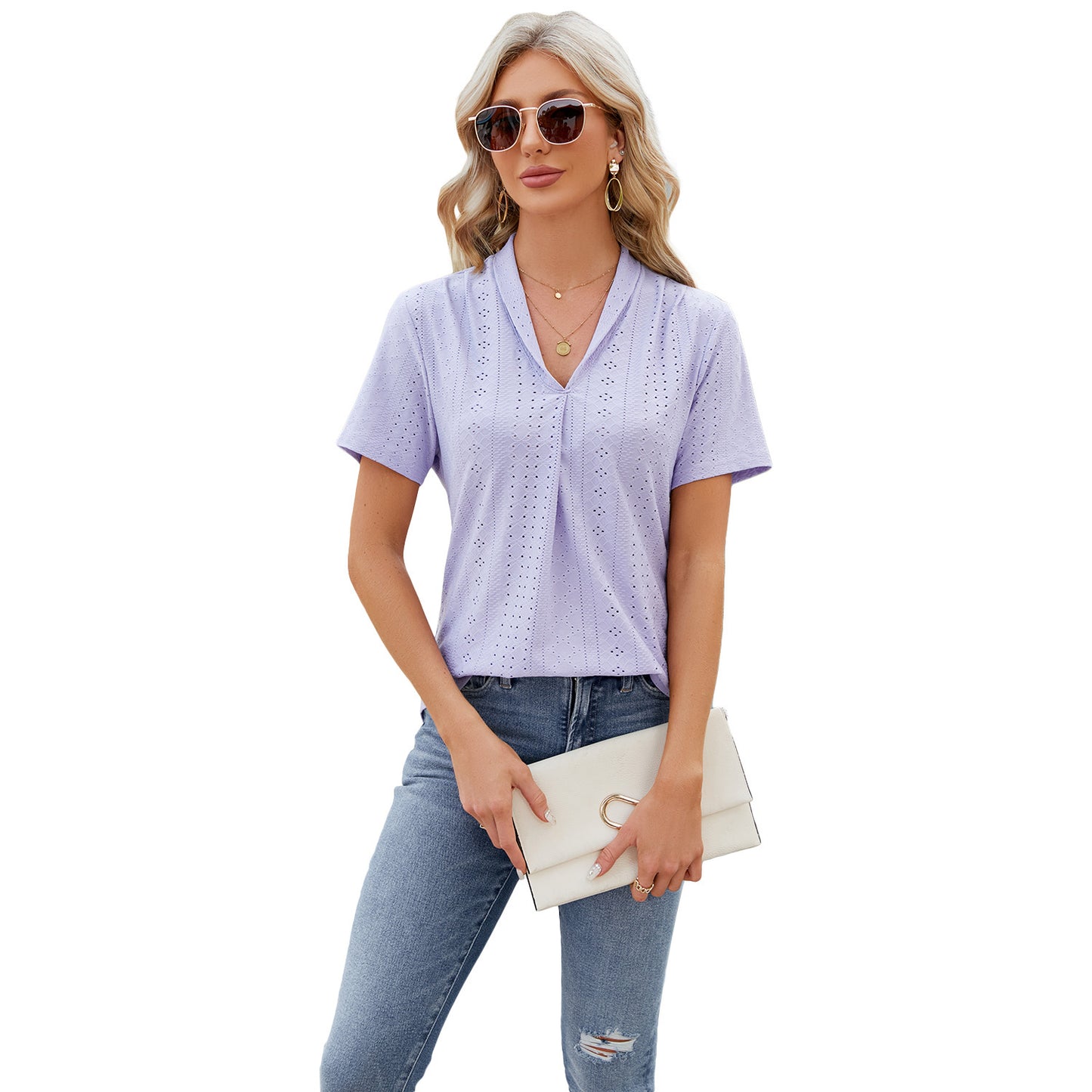V-neck Hollow Design T-shirt