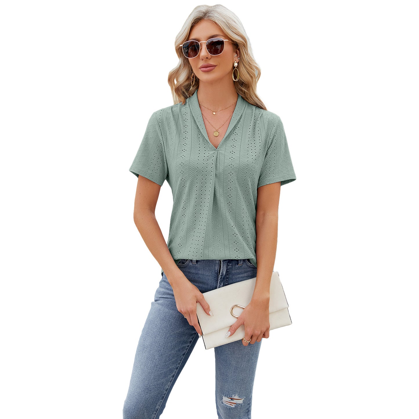 V-neck Hollow Design T-shirt