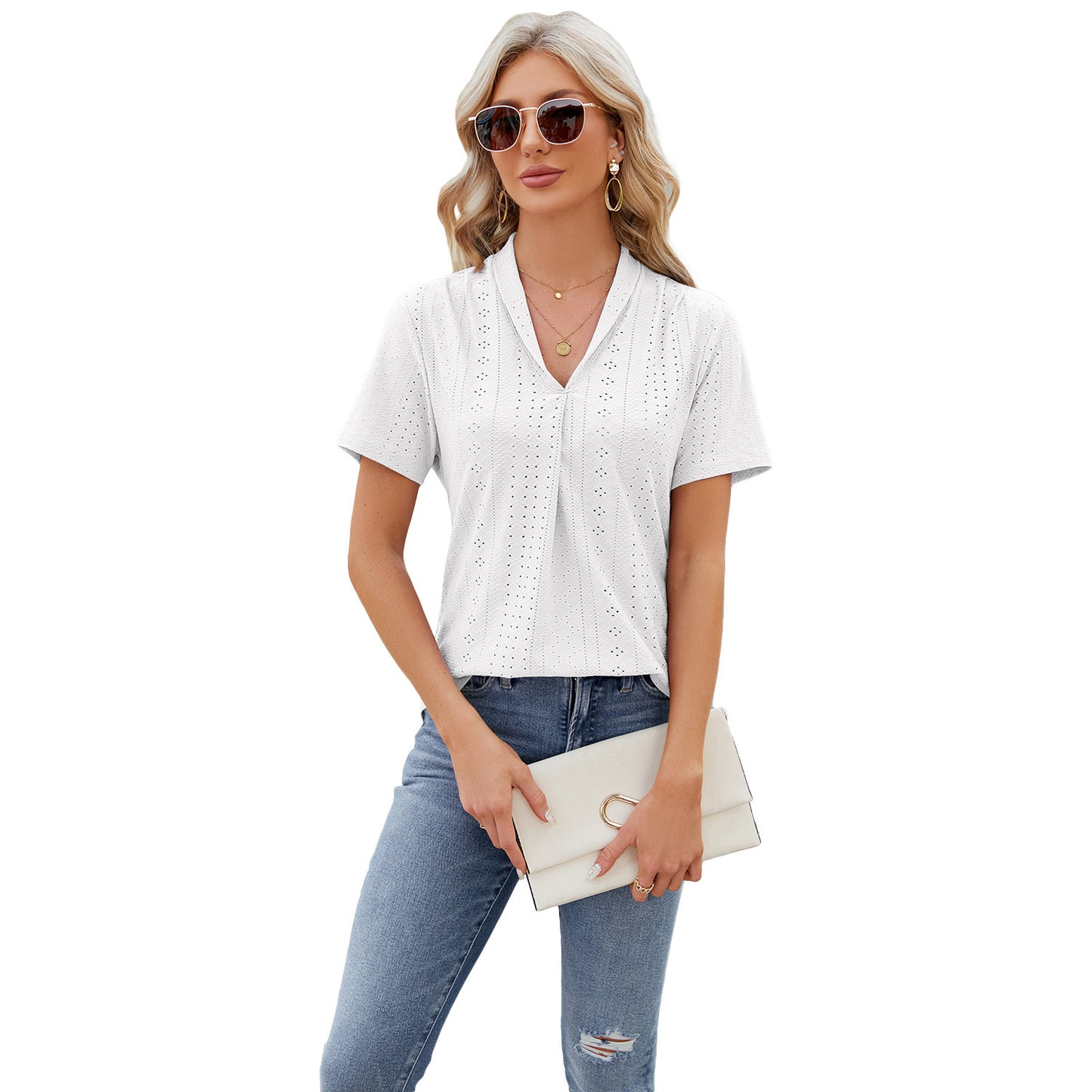 V-neck Hollow Design T-shirt