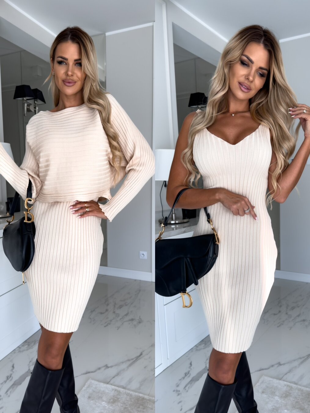 2pcs Suit  Solid Stripe Long-sleeved Top And Tight Suspender Skirt