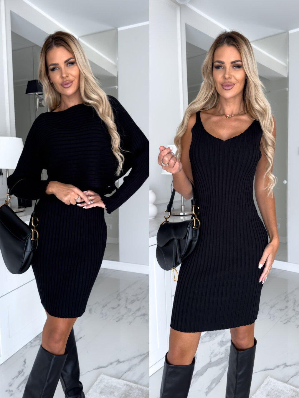 2pcs Suit  Solid Stripe Long-sleeved Top And Tight Suspender Skirt